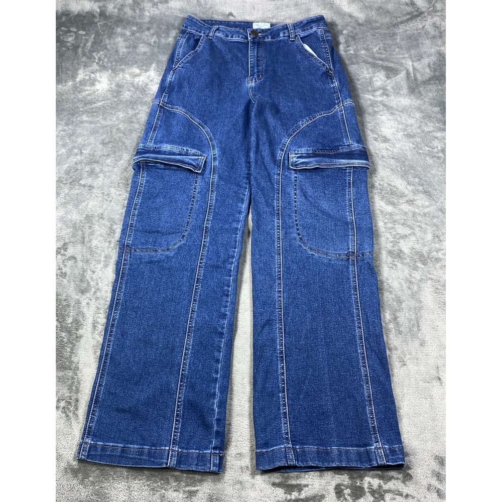 Denim Baggy Wide Leg Cargo Jeans Juniors Size 9 Pleated Dark Wash Blue Hippie